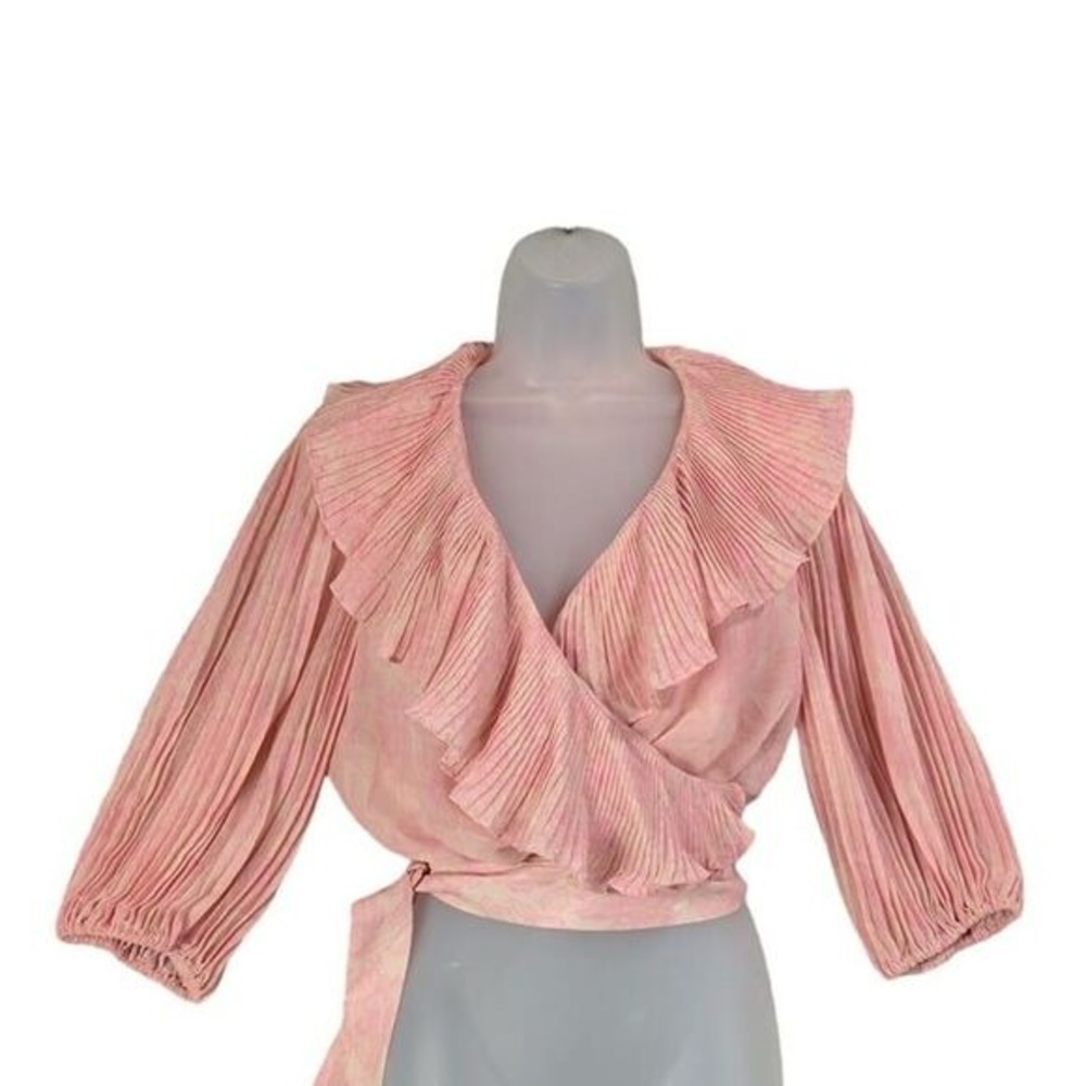 AMUR Women Coquette Romantic Ballet Wrap Top L Pink Floral Pleated Ruffle Blouse
